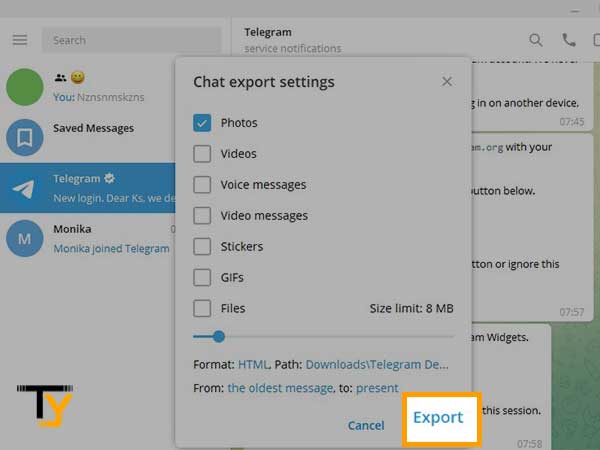 Click on the Export button