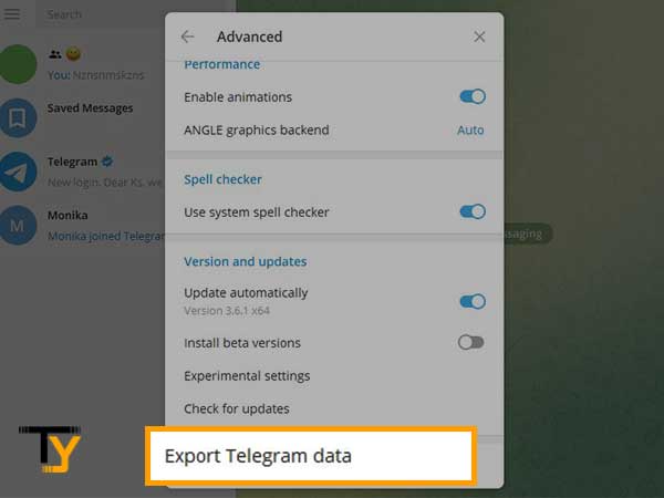 Select the Export Telegram Data option.