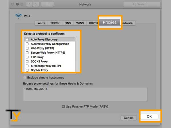 Switch to Proxies, deselect all options under Select a protocol to configure and click OK