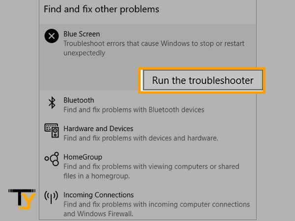 Click on Run the troubleshooter button next to Blue Screen