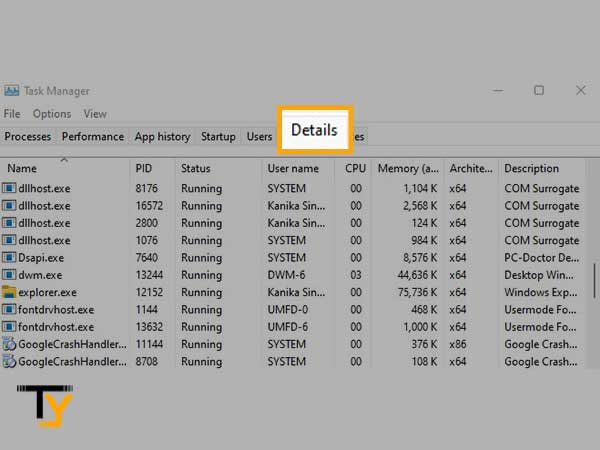 Switch to Details tab in Task Manager