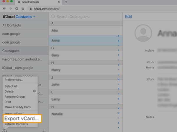 Select the Export vCard option.