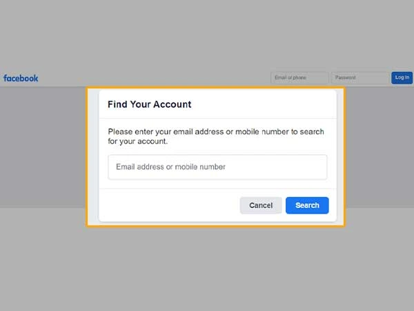 Facebook find your account page