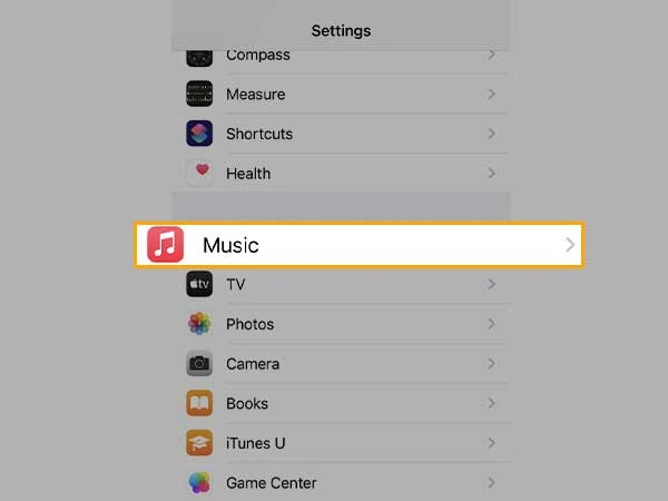 Accessing the Music option in Settings