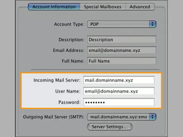 Enter incoming mail server settings for frontier email