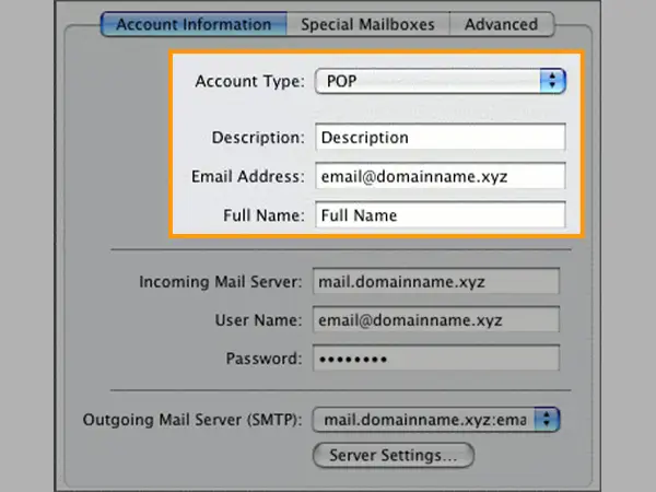 Select POP account type and fill in other information