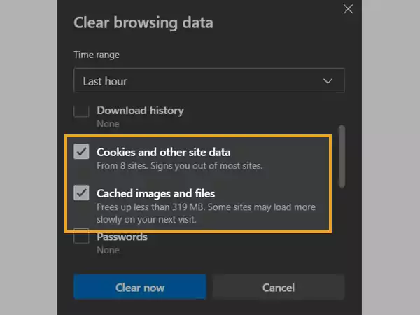 Select cookies and cache option