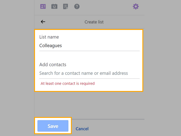 Type list name, add contacts and click Save.