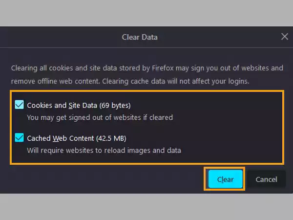 Select Cookies and Cache option and click on Clear