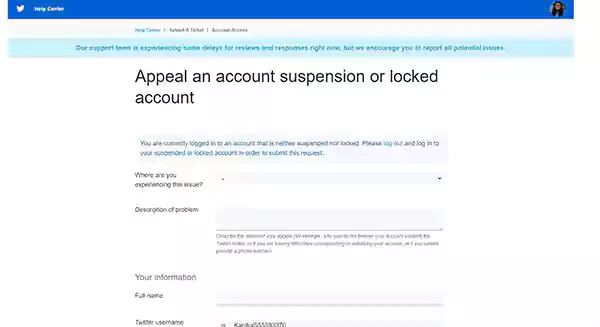 Fill the form to submit an appeal to an unsuspend Twitter account