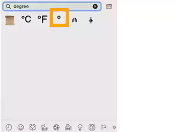 Double-click the degree ° symbol or °C symbol or °F symbol directly from the search options