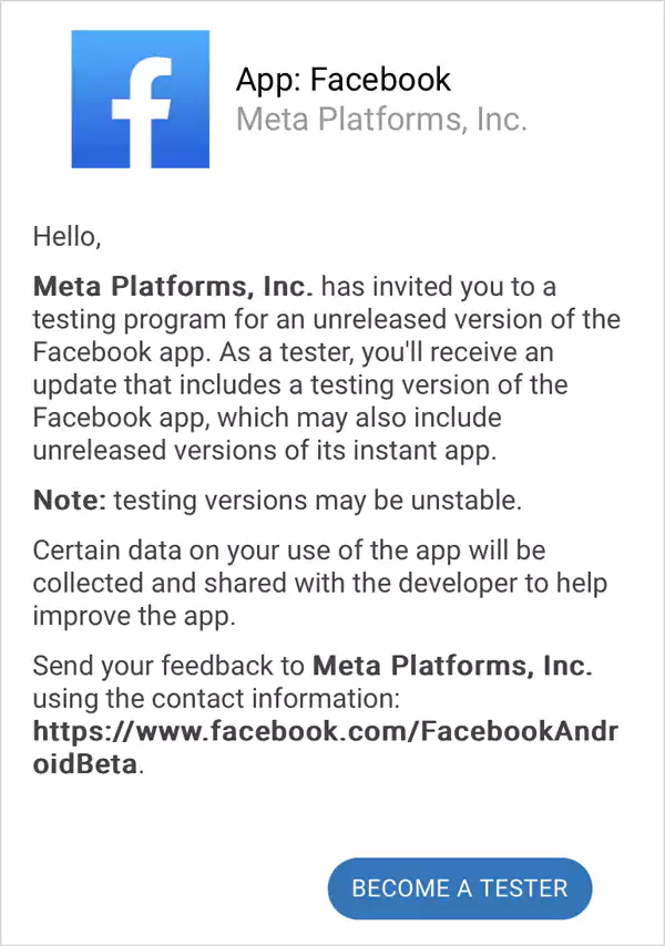 Facebook Beta Testing Page