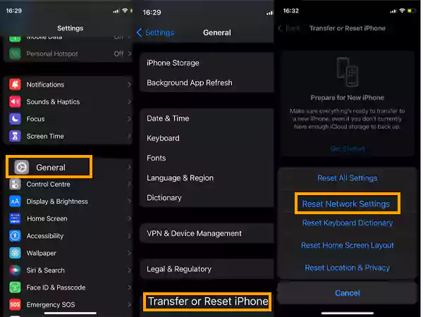 click on general, transfer or reset iPhone, and reset network settings