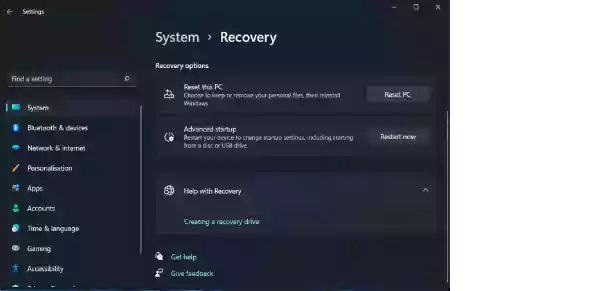 go to recovery settings