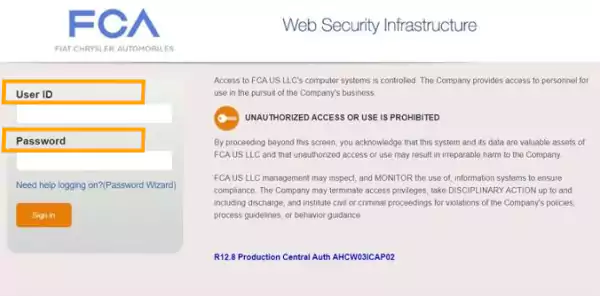 FCA User ID and Password input
