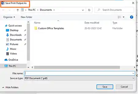 select the location of the file in the save print output as option.