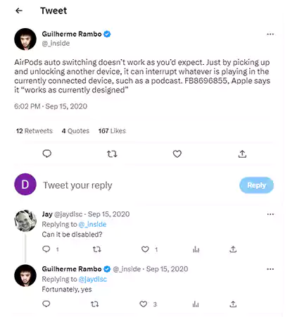 Guilherme Rambo’s tweet about AirPods disconnecting