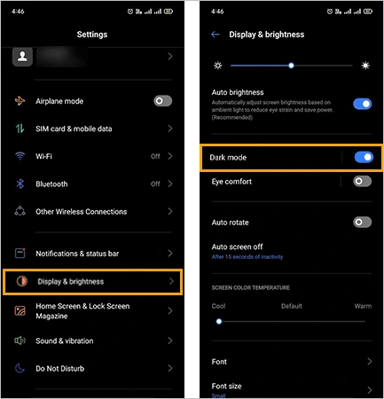 Click on the display & brightness and turn on dark mode
