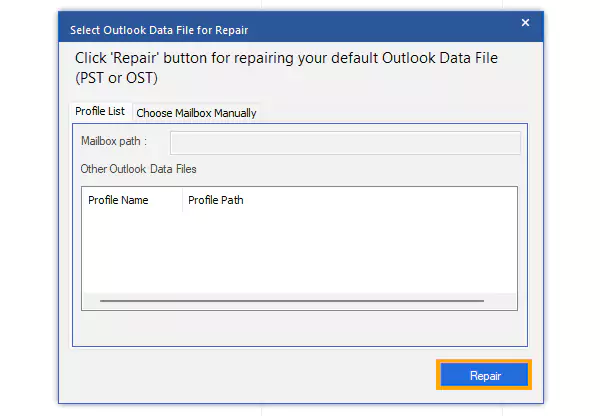  Choose the Outlook data file and click repair.
