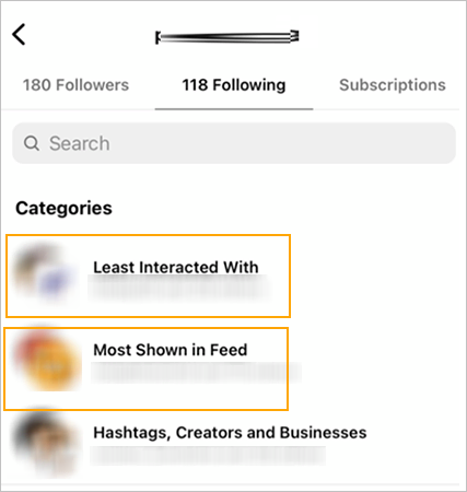 Unfollow from two categories ‘Less Interacted With’ and ‘Most Shown in Feed