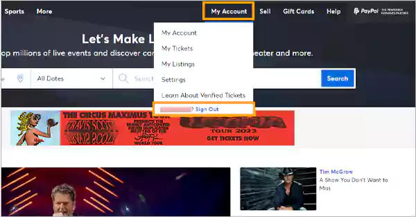 Signing out of Ticketmaster