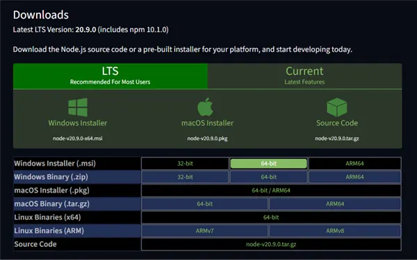 Download the LTS version of Node.js runtime.