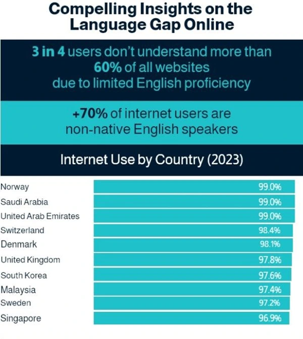 Statistics on Online Language Gap and Global Internet Penetration by Country.