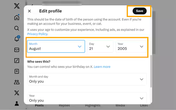 Change your birthday and click on Save