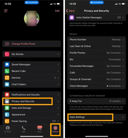 Move to the settings tab and tap on Privacy and Security then hit the Data Settings