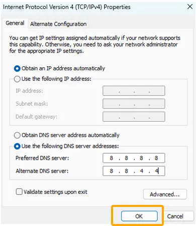 Select Use the following DNS server addresses enter DNS  click OK