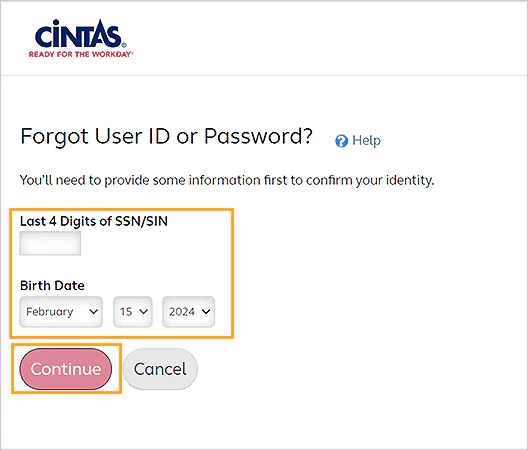 Enter the last 4 digits of your SSN/SIN, your birth date and click Continue.