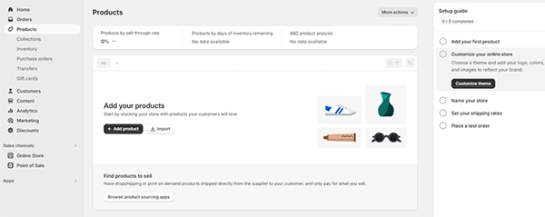 Products option on the navigation menu of Shopify