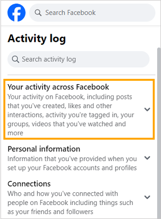 Navigate to Your activity across Facebook