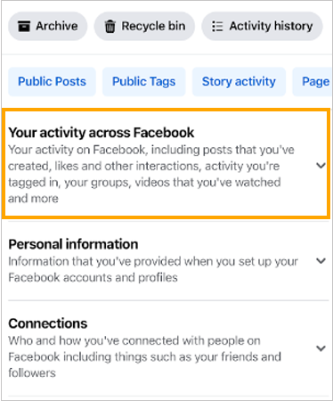 Tap on Your activity across Facebook