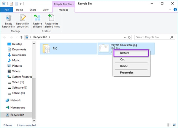 Restoring files through the recycle bin